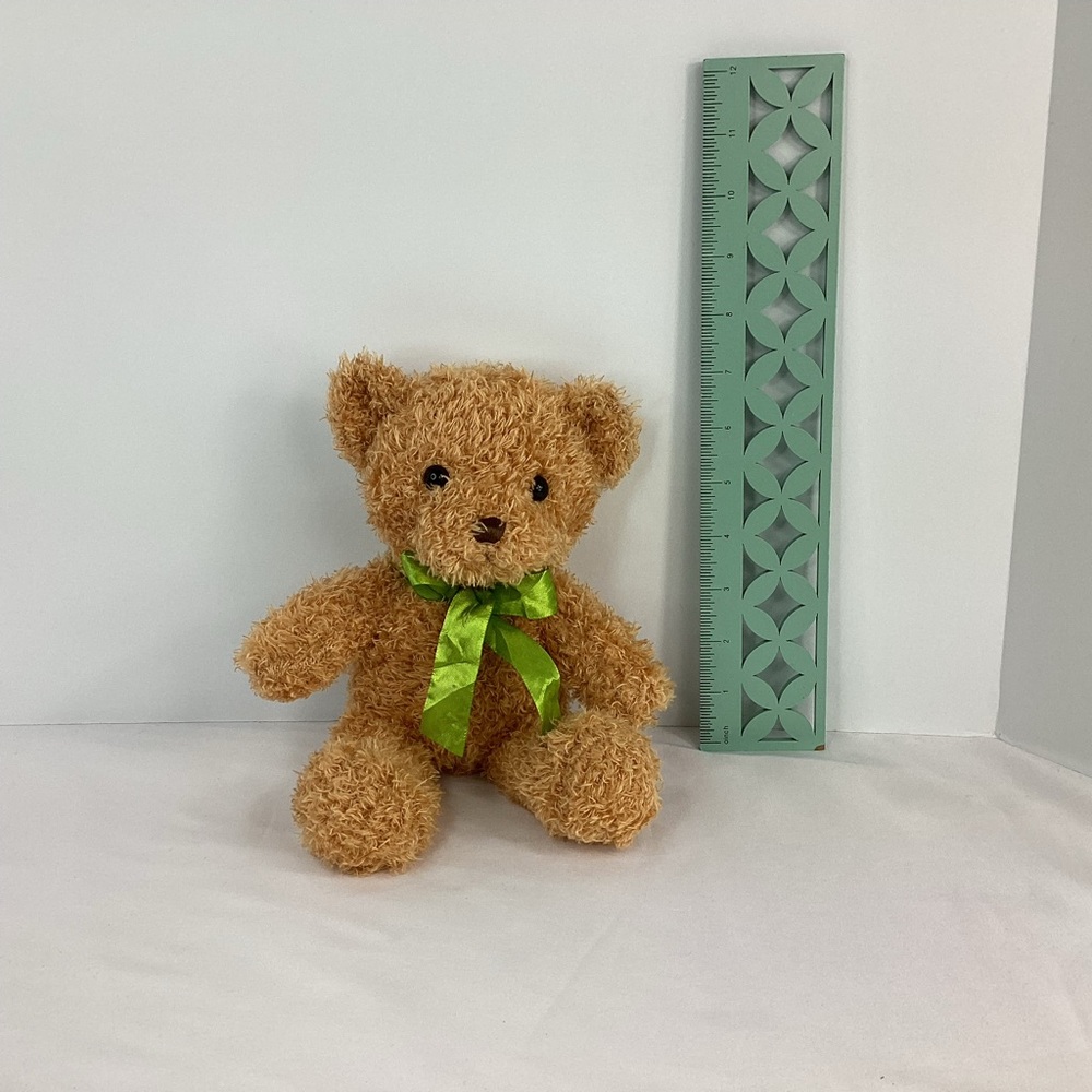 Teddy Bear Plush Tan Curly Textured Fur Green Ribbon 10” Stuffed Animal Toy - Picture 6 of 7